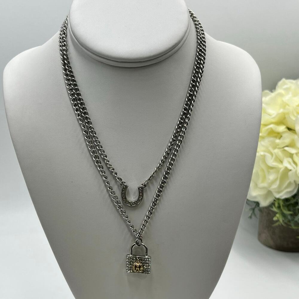 Juicy Couture Silver Tone Horseshoe Pave Padlock Charm Double Strand Necklace